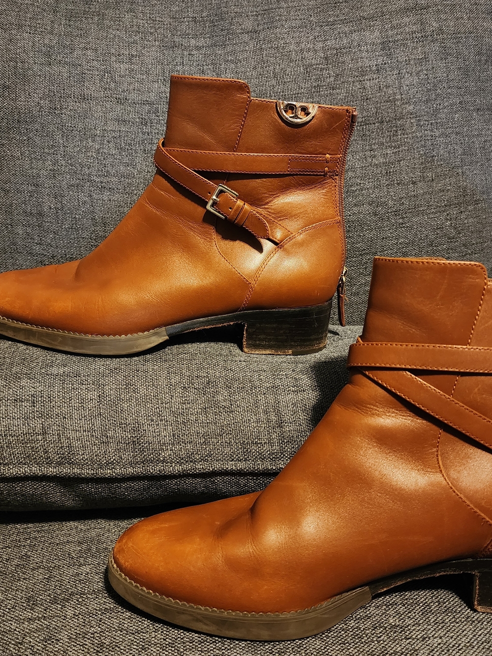Tory Burch Cognac Leather Ankle Boots with Buckle Strap Ladies Size 9M